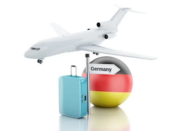 Seyahat kavramı. Bavul, uçak ve Almanya bayrağı simgesi. 3D illustr — Stok fotoğraf