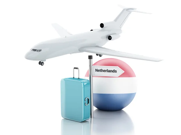 Travel concept. Suitcase, plane and netherlands flag icon. 3d il — Stock Photo, Image