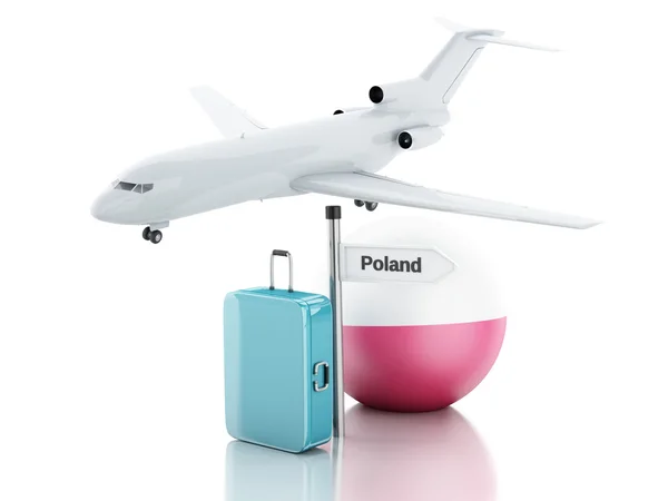 Travel concept. Suitcase, plane and poland flag icon. 3d illustr — Stock Photo, Image