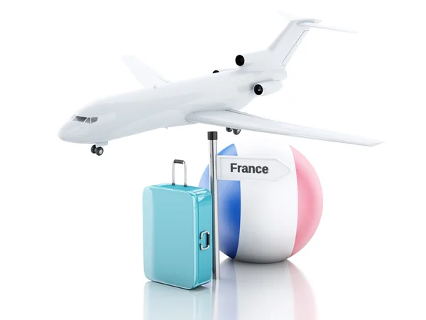 Travel concept. Suitcase, plane and france flag icon. 3d illustr — Stock Photo, Image