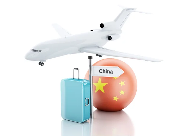 Reisekonzept. Koffer, Flugzeug und China-Flagge. 3D-Illustration — Stockfoto