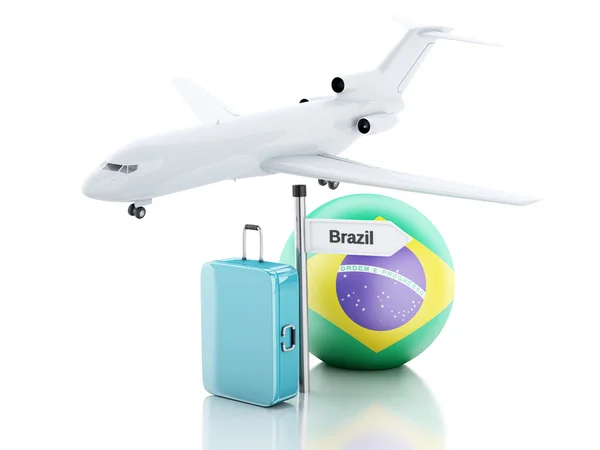 Travel concept. Suitcase, plane and brazil flag icon. 3d illustr — Stock Photo, Image