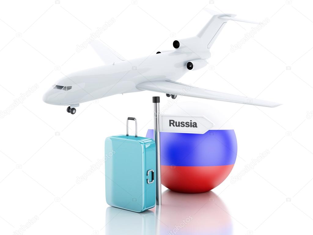 Travel concept. Suitcase, plane and russia flag icon. 3d illustr