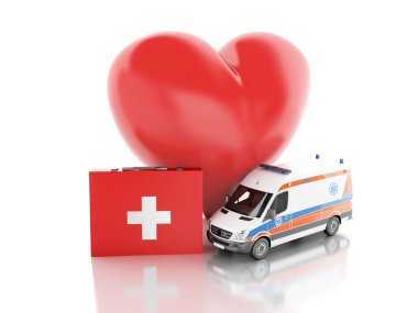 Kırmızı kalp, ilk yardım çantası ve ambulans. illüstrasyon