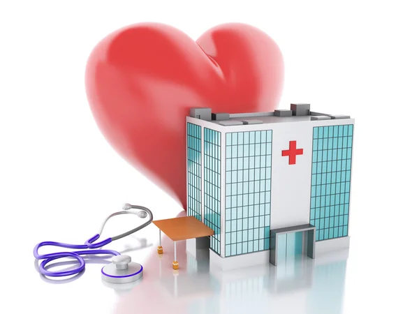 3D-renderer. Ziekenhuis gebouw en rood hart — Stockfoto
