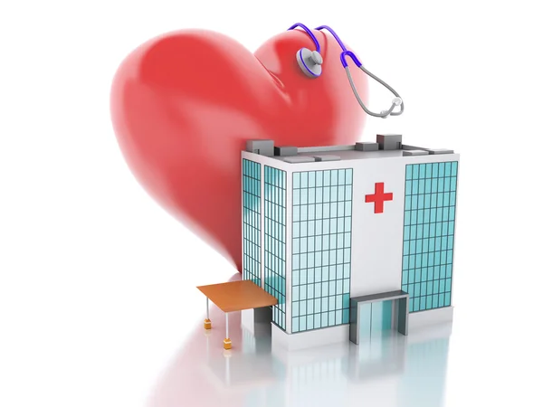 3d renderer. Hospital building and red heart — Stock Photo, Image