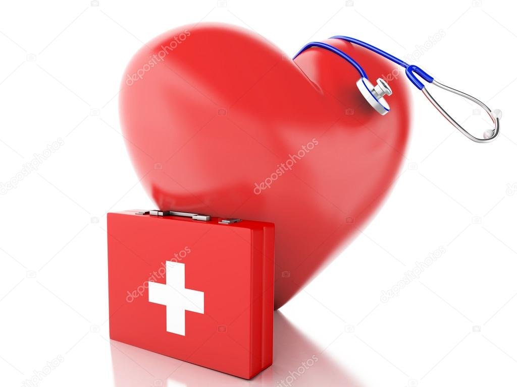 Red heart, first aid kit and stethoscope. 3d illustration