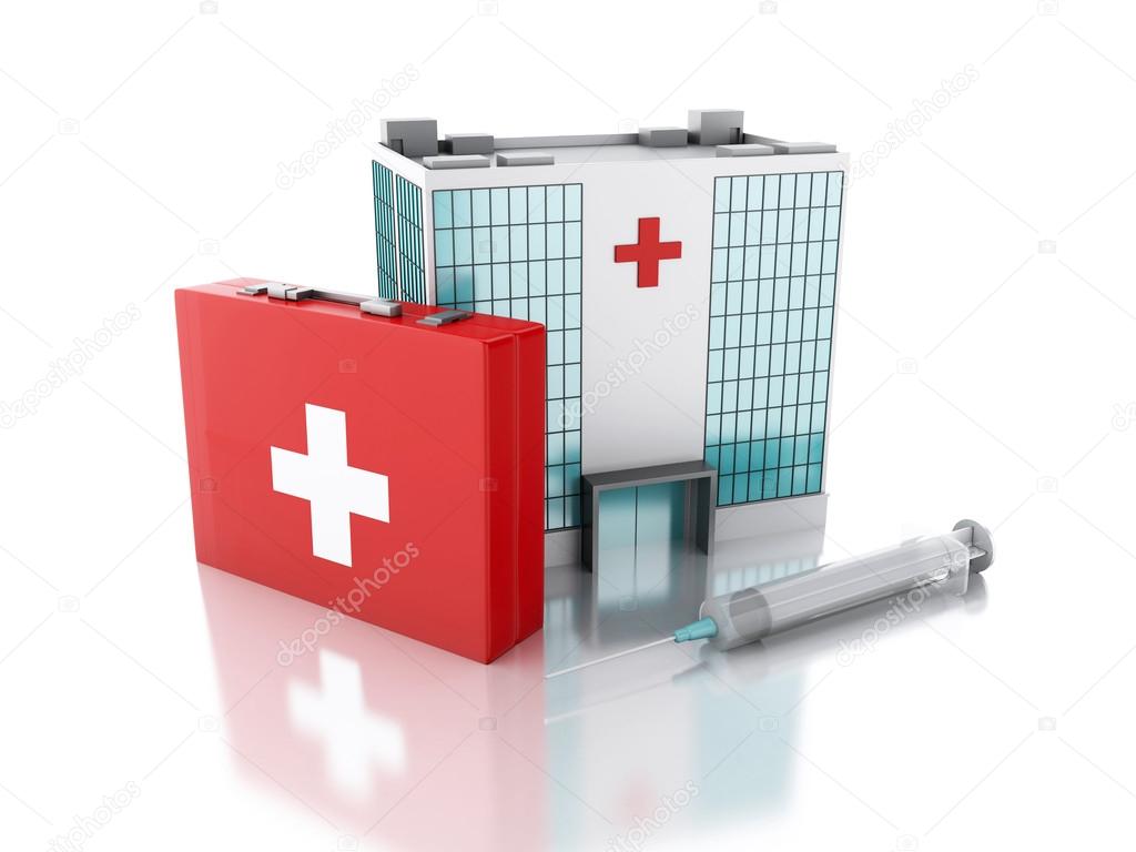 3d renderer. Hospital building, syringe and first aid kit