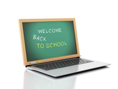 Kara tahta ile dizüstü bilgisayar. geri okul kavramı için hoş geldiniz. 3D illus