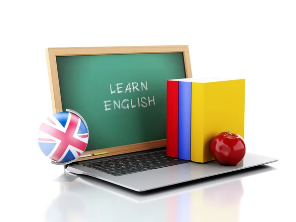 Laptop con lavagna. Impara l'inglese. Illustrazione 3d — Foto Stock