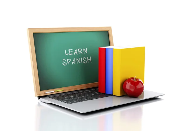 Laptop met schoolbord met leren Spaanse tekst. 3D illustratie — Stockfoto