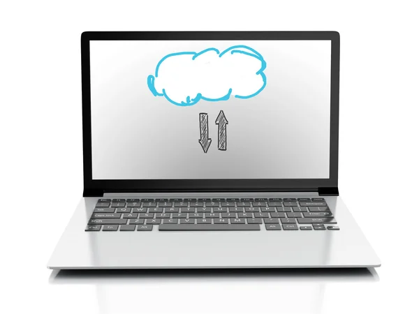 Desenho de negócios e laptop 3d. Conceito de computação em nuvem — Fotografia de Stock