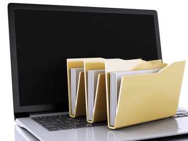 Beyaz arka plan üzerinde 3D dizüstü bilgisayar ve bilgisayar dosyaları