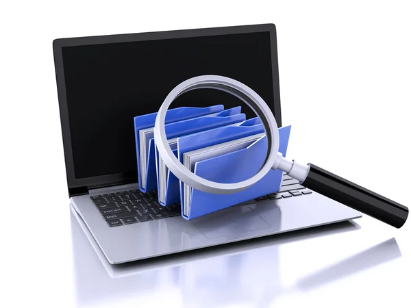 3d laptop, magnifying glass and computer files — Stock Photo, Image