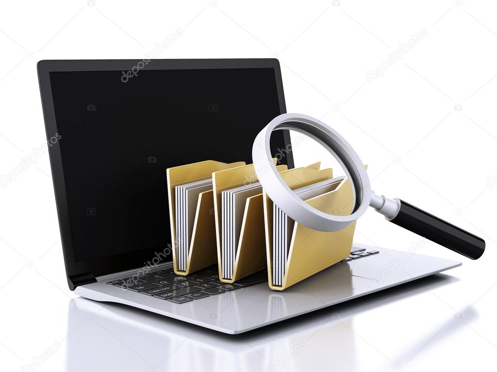 3d laptop, magnifying glass and computer files