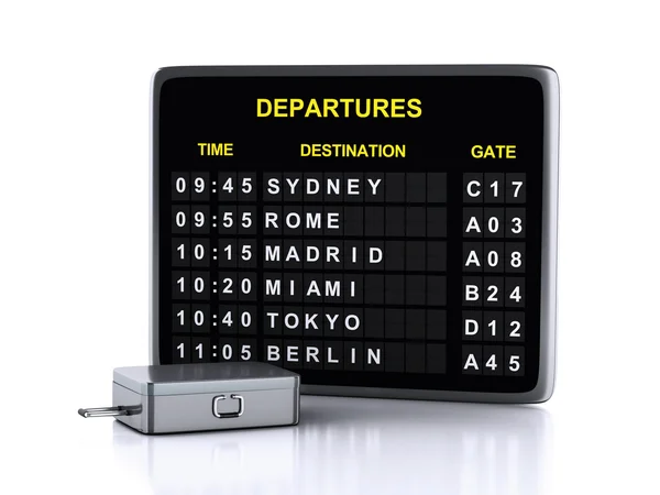 3d Flughafenbrett und Reisekoffer auf weißem Hintergrund — Stockfoto