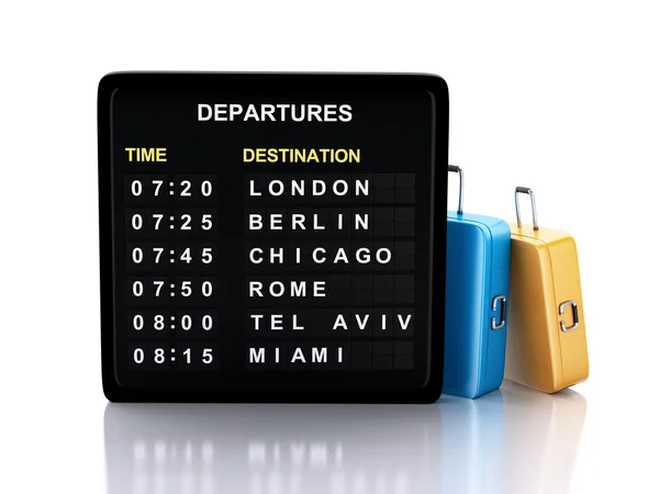 Port lotniczy 3D na pokład i podróż walizki na białym tle — Zdjęcie stockowe