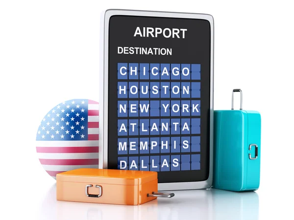 3d United States Flughafenbrett und Reisekoffer auf weißem Ba — Stockfoto