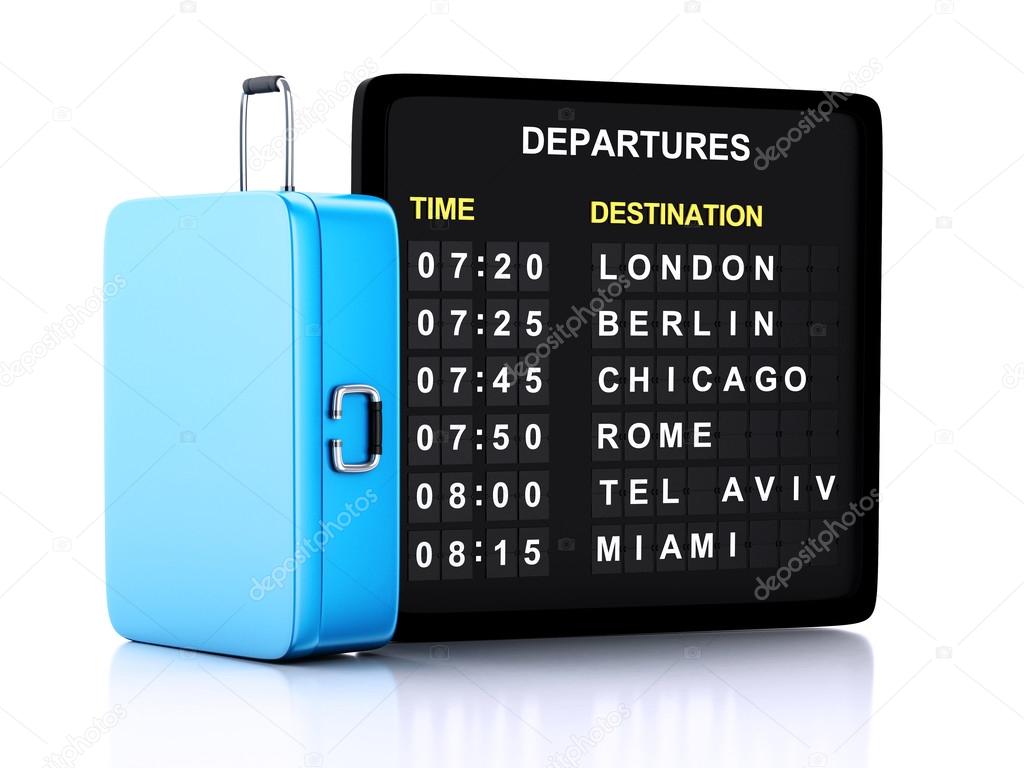  3d airport board and travel suitcases on white background