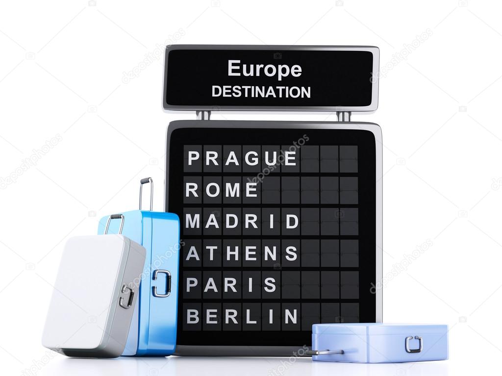  3d airport board and travel suitcases on white background