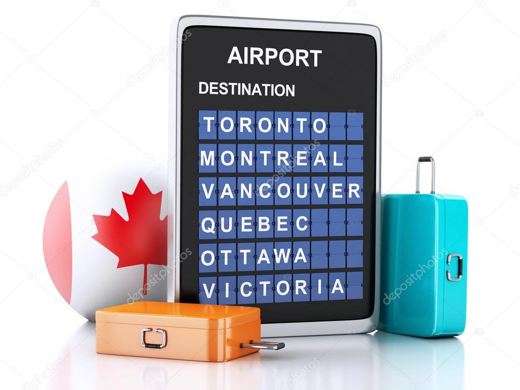  3d Canada airport board and travel suitcases on white backgroun