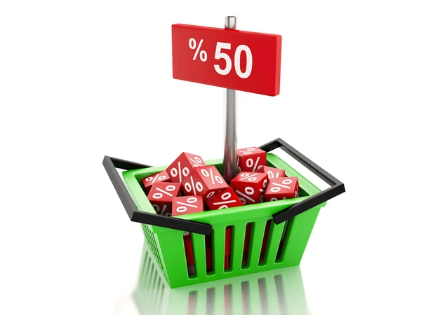 3d cesta de la compra con cubos rojos y cincuenta por ciento en ba blanco — Foto de Stock