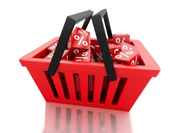 Cesta de compras 3d com cubos de desconto no fundo branco — Fotografia de Stock
