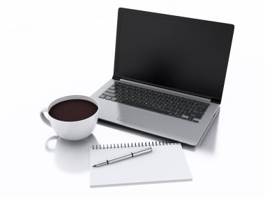 dizüstü bilgisayar, not defteri ve kahve. iş ofis konsepti üzerine beyaz 