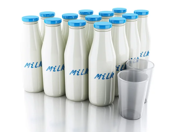 3d illustration. Milk bottles and glass on white background — Stock Photo, Image