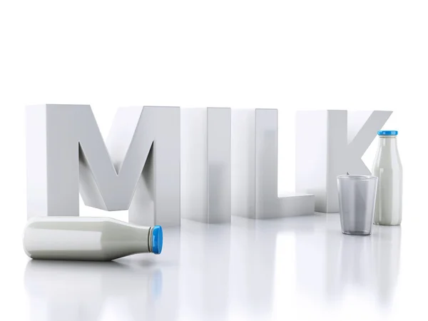 3d illustration. Milk bottles and glass on white background — Stock Photo, Image