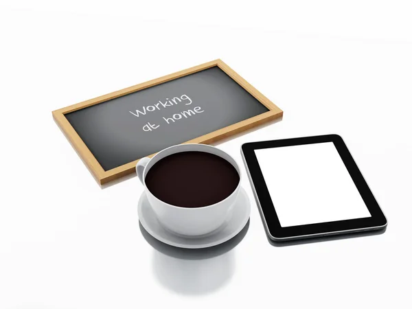 Pizarra 3d, taza de café y Tablet PC. concepto de negocio — Foto de Stock
