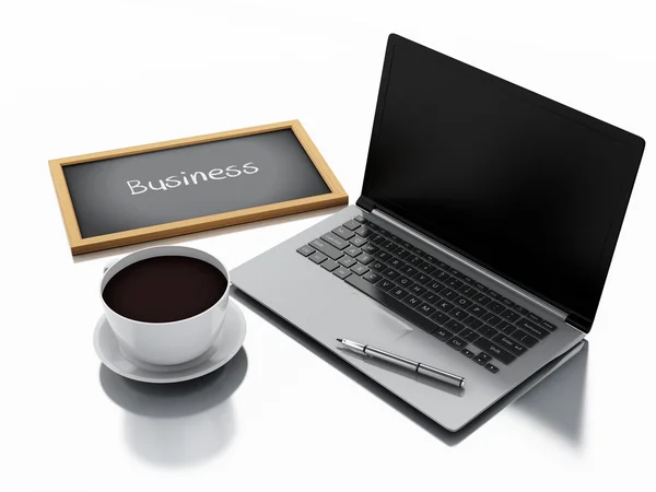 3d-Tafel, Tasse Kaffee und Laptop-PC. Geschäftskonzept — Stockfoto