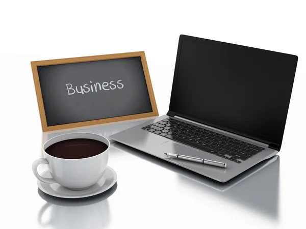 Tableau 3d, tasse de café et ordinateur portable pc. concept d'entreprise — Photo