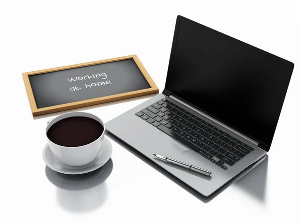 Pizarra 3d, taza de café y ordenador portátil pc. concepto de negocio — Foto de Stock