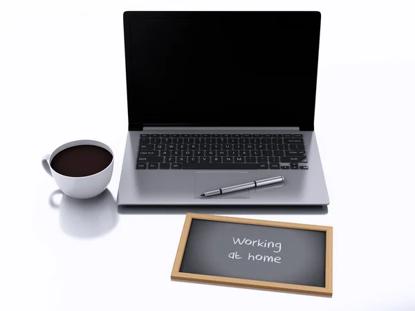 Pizarra 3d, taza de café y ordenador portátil pc. trabajar en casa conc — Foto de Stock