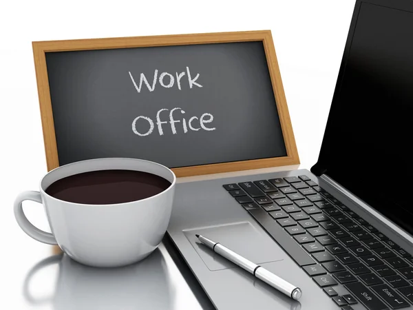 Pizarra 3d, taza de café y ordenador portátil pc. concepto de oficina de trabajo — Foto de Stock