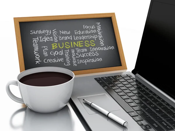 3d chalkboard, cup of coffee and laptop pc. business concept — Stock Photo, Image