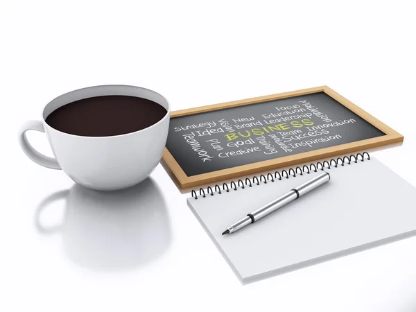 Bloc de notas 3d y taza de café. concepto de lugar de trabajo en backgro blanco — Foto de Stock