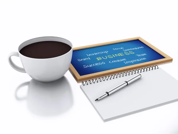 Bloc de notas 3d y taza de café. concepto de lugar de trabajo en backgro blanco — Foto de Stock