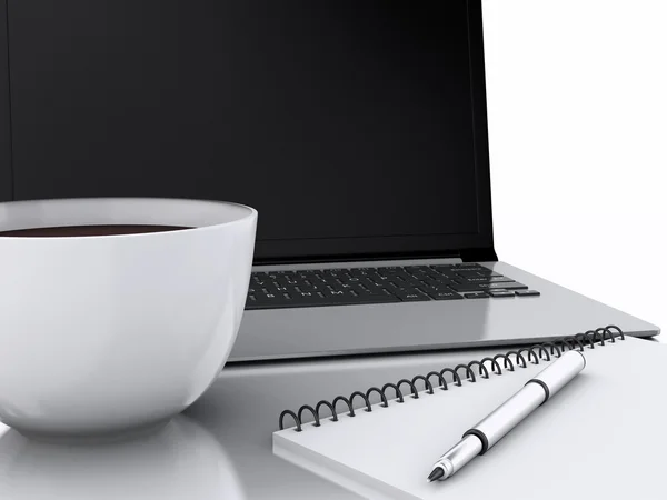 Laptop, bloco de notas e xícara de café. conceito de escritório de trabalho em branco — Fotografia de Stock