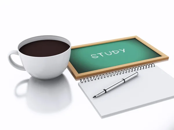 Bloc de notas 3d y taza de café. concepto de estudio sobre fondo blanco — Foto de Stock