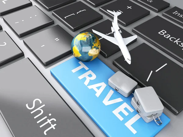 Mala, avião e terra no teclado do computador. Discrição de viagem — Fotografia de Stock