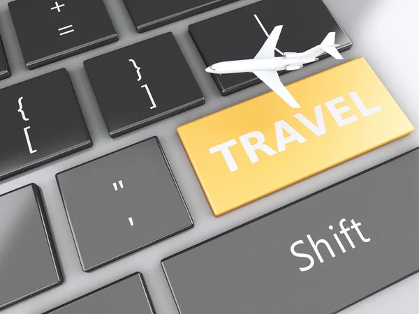 Viagem e avião no teclado do computador. Conceito de viagem — Fotografia de Stock