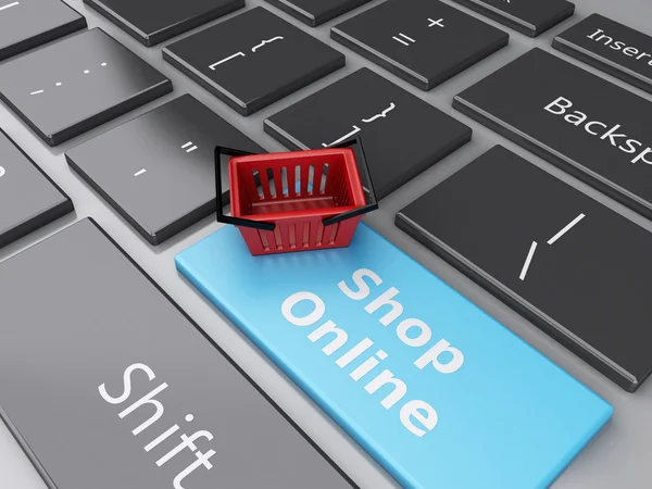 3d Shopping basket on computer keyboard. Online shopping concept — Stock Photo, Image