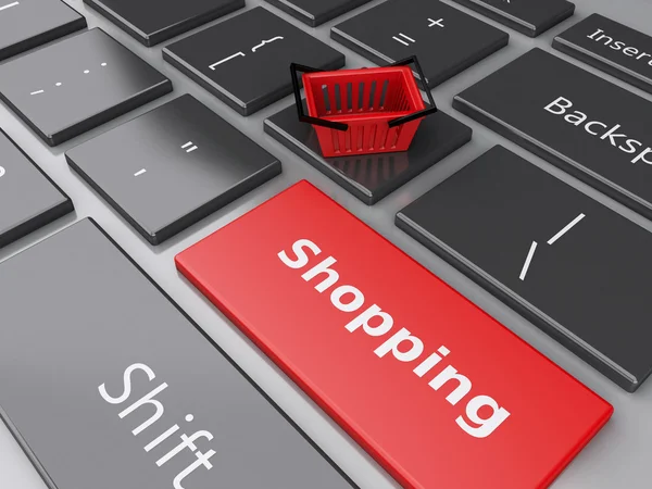 3d Carrello sulla tastiera del computer. Concetto di shopping online — Foto Stock