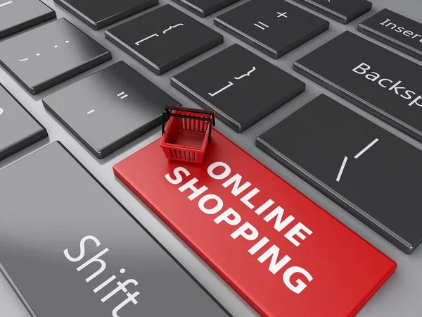 3d Shopping basket on computer keyboard. Online shopping concept — Stock Photo, Image