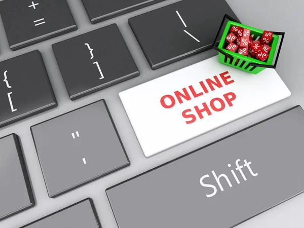 3d Shopping basket  with red cubes on computer keyboard. Online — Stock Photo, Image