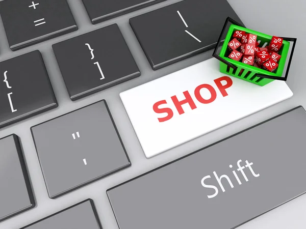 컴퓨터 키보드에 빨간색 큐브를 가진 3d 쇼핑 바구니. 온라인 — 스톡 사진