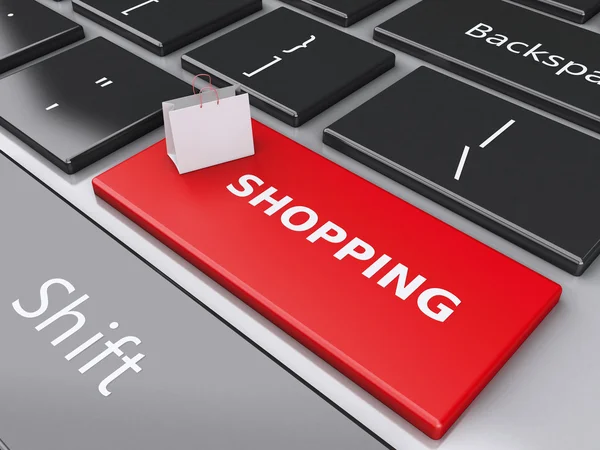 3d Shopping bag on computer keyboard. Online shopping concept. — Stock Photo, Image