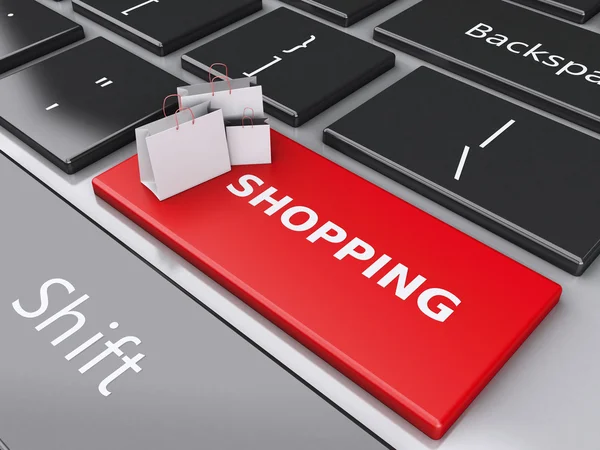 3d Shopping bag on computer keyboard. Online shopping concept. — Stock Photo, Image